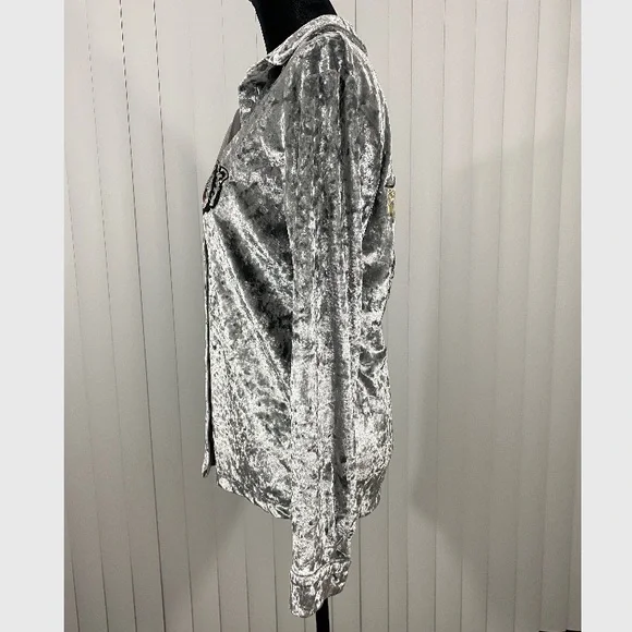JADED LONDON Crushed Velvet Button Down Shirt Blouse Embroidered Panther Silver - Picture 9 of 14